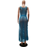Hand-knitted Casual Hollow Sequined Vest Split Beach Dress