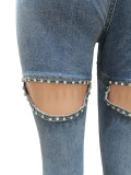 Casual Ripped Washed Beaded Slim Jeans