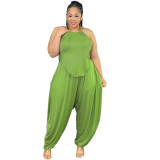 Solid Color Plus Size Halter Irregular Two Piece Pant Set with Pocket