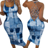 Casual Straps Faux Denim Printed Mesh Mid Dresses