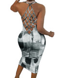 Casual Straps Faux Denim Printed Mesh Mid Dresses