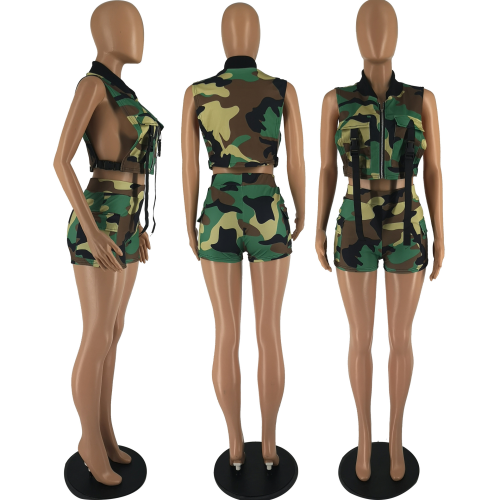 Sexy Camouflage Print Sleeveless Vest Shorts Set