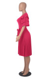 Solid Color Slim Round Neck Ruffled Short Sleeve Midi Pleated Dress