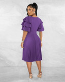 Solid Color Slim Round Neck Ruffled Short Sleeve Midi Pleated Dress