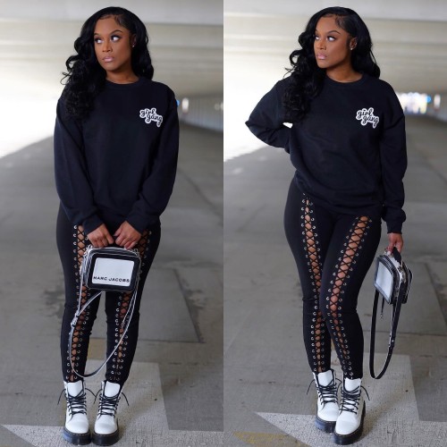 Women Sexy Pant Side Lace Up Bandage Split Legging Cross Bodycon
