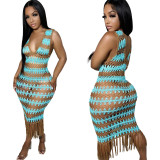 Sexy Sleeveless Knit Crochet Tassel Beach Dress