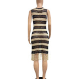 Sexy Sleeveless Knit Crochet Tassel Beach Dress