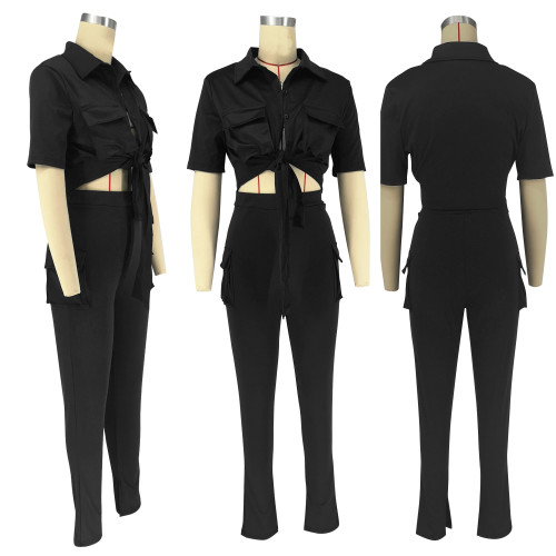 Ladies Lounge Sets Lapel Two Piece Outfit Button Down Shirt And Pant Set Travel Single Breasted Crop Tops Outfits