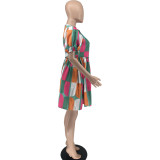 Women's Printed Zip Front Short Sleeve Pleated Dresses