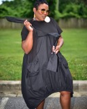 Summer Black Short Sleeve O Neck Patchwork Casual Loose Dress for Women