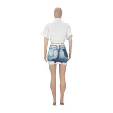 Fashion Pattern Denim Print Short Sleeve Skirt Two-Piece Set