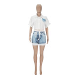 Fashion Pattern Denim Print Short Sleeve Skirt Two-Piece Set