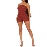 Solid Color Wrapped Strapless One Piece Rompers with Pockets