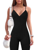 Solid Color Ribbed Straps Deep V Casual Yoga Jumpsuits