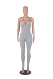 Solid Color Ribbed Straps Deep V Casual Yoga Jumpsuits