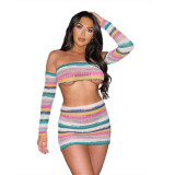 Fashionable Knitted Contrast Color Bra Top Wrapped Hip Slim Fit Short Skirt Set
