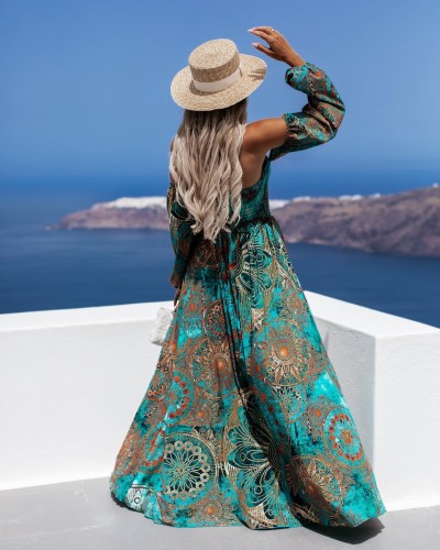 Vintage Ladies One Shoulder Long Sleeve Waist Pleated Dress Summer Beach Print Split Robe Dress