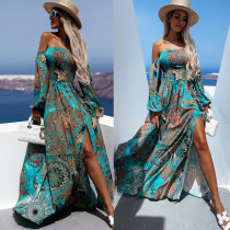 Vintage Ladies One Shoulder Long Sleeve Waist Pleated Dress Summer Beach Print Split Robe Dress