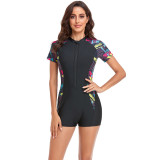 Short-sleeved One-piece Zipper Square Pants Printed Splicing Conservative Women's Swimsuit