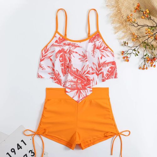 Printed Multi-color Halter Bikini with Drawstring Bottoms