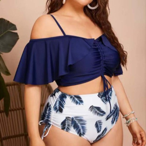 Plus Size Off-the-Shoulder Floral Print High-Waisted Bikini with Ruffled Edges