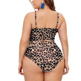 Leopard Print Split Mesh High Waist Triangle Pant Plus Size Women's Swimwear