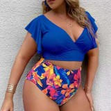 Women's Swimsuit with Multicolored Bralette, Ruffled Shoulder Straps, High Waist Printed Bikini Bottoms