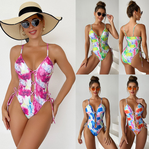 Printed multicolor Three sided Strapping Women's one piece Swimsuit
