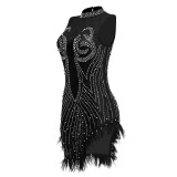 Sexy Mesh Dress with Rhinestones, Beads, and Feathers