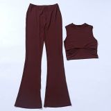 Fashionable Hollow Out Sleeveless Round Neck Top and Slightly Flared Long Pants Casual Set