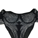 Solid Color Mesh Rhinestone Long Sleeve Bodysuit with Long Pants