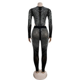 Solid Color Mesh Rhinestone Long Sleeve Bodysuit with Long Pants