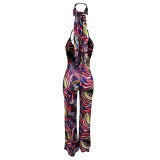 Casual Sleeveless Straps Painted Print Backless Long Jumpsuit With double layer turban