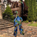 Casual Sleeveless Straps Painted Print Backless Long Jumpsuit With double layer turban