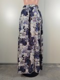 Fashion Classic Print Slit Long Skirt with Two Pockets