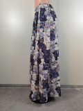 Fashion Classic Print Slit Long Skirt with Two Pockets