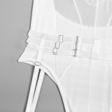 Women Sexy Bodysuit Mesh Straps Patchwork Halter Neck With Leg Rings Lingerie