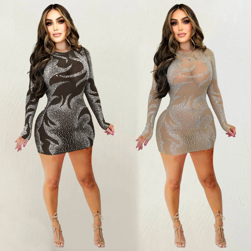 Fashion Solid Color Mesh Beaded Long Sleeve Dress