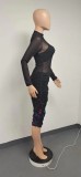 Three-piece Set of Black Top, Vintage Printed Sexy Mesh Midi Dress