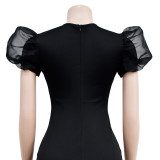 Fashion Beaded Puff Sleeve Elastic V-Neck Maxi Dress