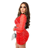 Solid Color Beaded Mesh See-Through Long Sleeve Dress
