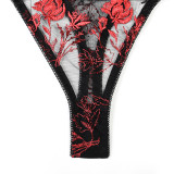 Flower Embroidery Mesh Patchwork Suspender Neck Sexy Lingerie Four piece set