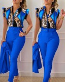 Fashion Printed Top with Lotus Leaf Sleeves and Solid Color Pants Set with Waist Belt