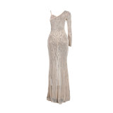Sparkling Sheer Mesh Rhinestone Embellished Nightclub Dress with Asymmetric Single Strap, Side Slit and Long Sleeve