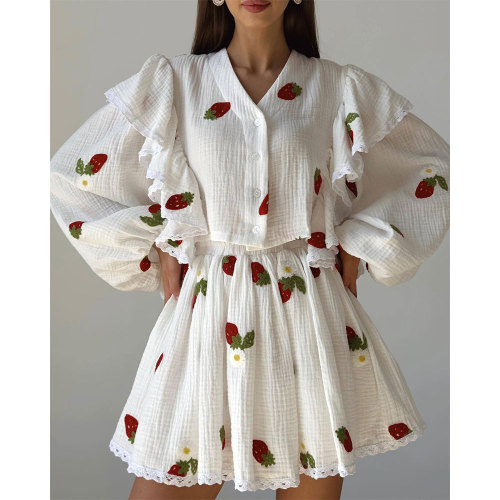 Fashionable Cotton and Linen Fabric Strawberry Print Long Sleeve Top and Short Skirt Set with Ruffle Hem, Perfect for Loungewear