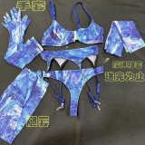 Tie-Dye Mesh Sexy Lingerie Set with 5 Pieces, including Gloves and Mesh Thigh-High Stockings