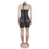 Sexy Bodycon Dress with Rhinestone and Fringe Detailing, featuring Sheer Panels and Diamond Embellishments
