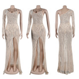Sparkling Sheer Mesh Rhinestone Embellished Nightclub Dress with Asymmetric Single Strap, Side Slit and Long Sleeve