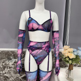 Tie-Dye Mesh Sexy Lingerie Set with 5 Pieces, including Gloves and Mesh Thigh-High Stockings