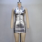 Silver Pleated Sexy Halter Neck Zipper Slim Fit Bodycon Dress